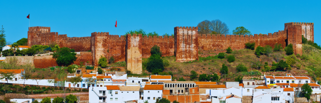 A village with white houses in front of a castle with brown walls